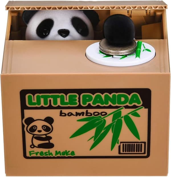 Panda, der stjæler sparegris, sparegris til børn, møntbank til månen