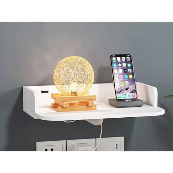 Wall-mounted projector shelf with cable hole, matte white storage shelf for living room 24 x 19 cm