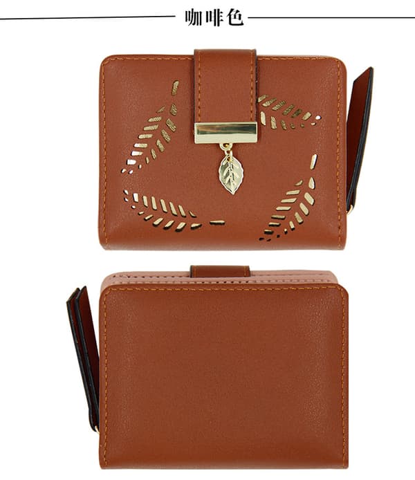 Women's Short Wallet Leather Medium Wallet Leaf Bifold Card Coin Holder Brown Brown
