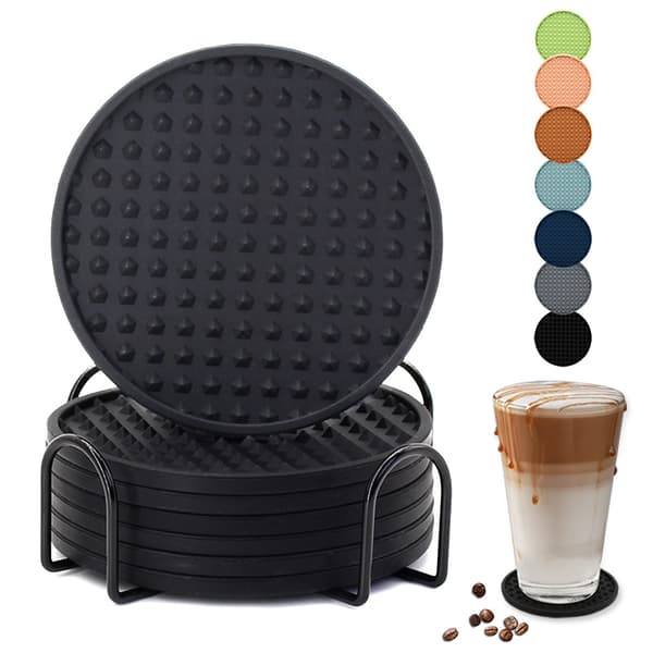 Sæt med 6 silikone kaffekrusunderlag med holder Sort