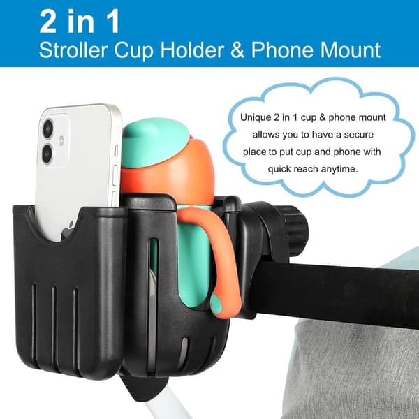 Stroller Cup Holder - Bicycle Cup Holder - Universal Cup Holder - 2-in-1 Cup Holder and Phone Holder - Suitable for All