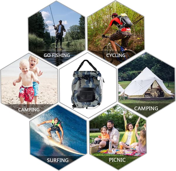 Soldusch til camping, 20L rejsedusch med brusehoved, sammenklappelig udendørsdusch, perfekt til vandreture og klatring
