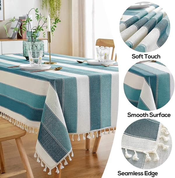Matbord Randig Toffs Bordsduk Bomull Linne Rektangulär Bordsduk För Kök Matbord 140 X 220cm Teal Blå