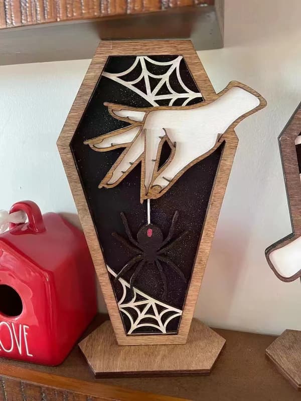 Sæt med 3 træ Halloween heksehåndskistedekorationer