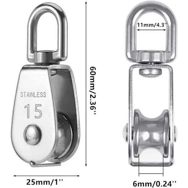 Single Pulley for Cable 15MM Stainless Steel, Climbing Pulley Load Roller, Lifting Pulley Capacity 35kg - 4pcs Silver
