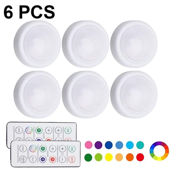 Night light with 16 colors, replaceable LED puck lights, battery operated, dimmable, under cabinet lighting, wireless, with 2 remote controls and timer 6 pcs 6 pcs