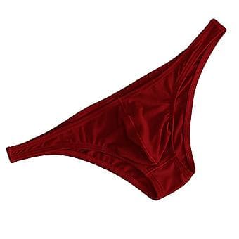 Men's Ice Silk Thin Striped Solid Color U Convex Inside Wear Sexy Quick Dry Thong Underwear (L Red)