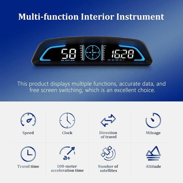It includes a speedometer, satellite signal reception, and a head-up display, and is suitable for all vehicles.