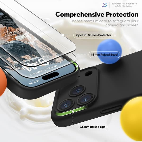 3-in-1 iPhone 17 Pro -kuori, Premium nestemäinen silikoni, 2x HD-näytönsuoja, musta