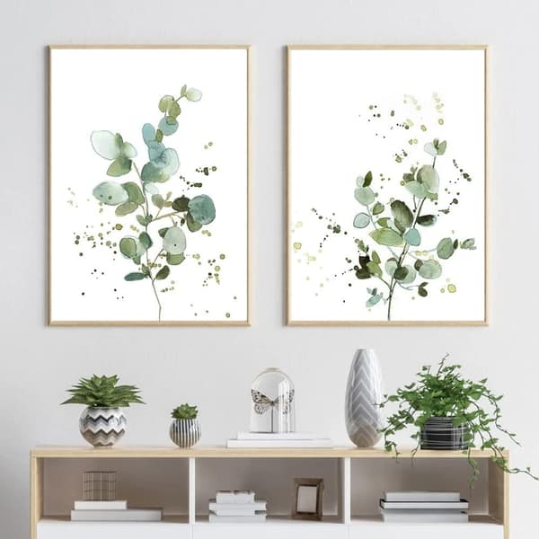 Set med 2 väggposters, modern väggkonst, abstrakta bladmönster, sovrum, canvastryck, utan ram, 40 x 50 cm