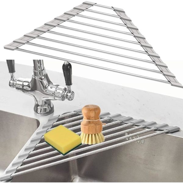 Triangular Roll-Up Dish Drying Rack - Stainless Steel Over Sink Dish Rack - Space Saving Kitchen Organizer for Dishes and Utensils - Grey
