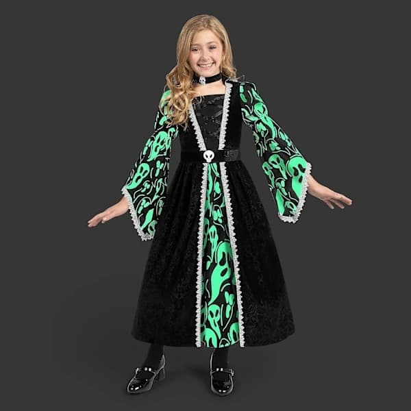 Heksekostume til piger, sort kjole med mørkt hekseprint til pigers halloweenkostumer og rollespil Small (5-7 år)