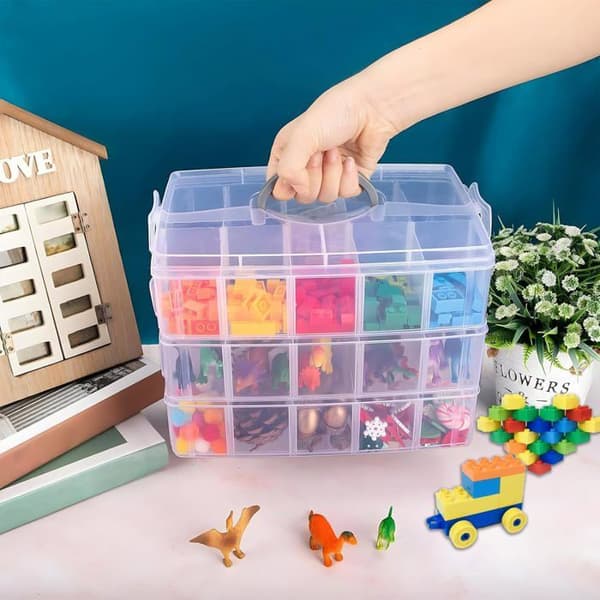 3-Tier Small Parts Organizer - 1, Transparent, Standard, 30 Stackable Compartments, Metal Handle, Beads, Building Blocks