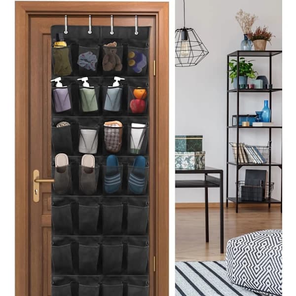 Skoforvaring over døren med 28 store netlommer og 4 metalkroge til garderobe, soveværelse, badeværelse, sort
