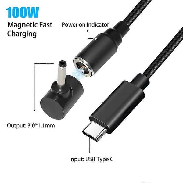 USB-C til 3.0x1.1mm til Acer/Asus/LG/Samsung Laptop, 1.8m PD 100W Hurtigopladende Notebook Adapter
