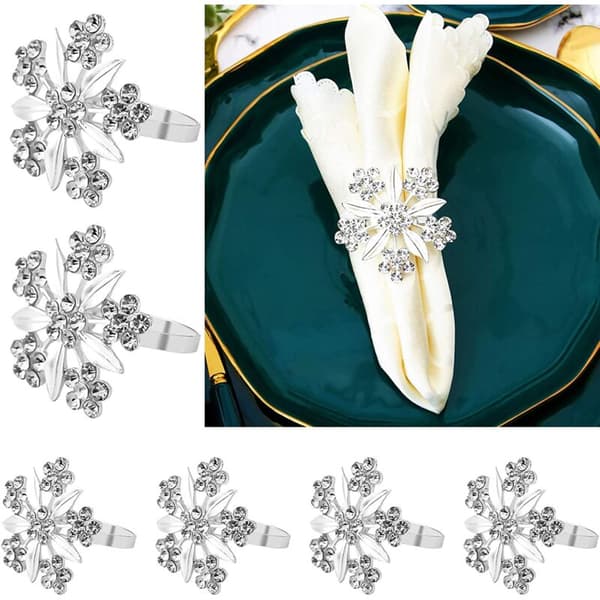 Servettringset med 6 Strass-Blommor, Servettringhållare för Bröllop, Middag, Bordsdekoration (Silver)