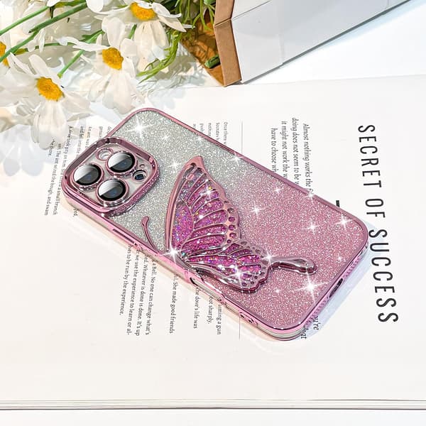 til iPhone 16 Pro Max, Sødt Piget Luksus Bling Flydende Sand 3D Sommerfugledesign til Kvinder Piger (til iPhone 16 ProMax) - Rosa