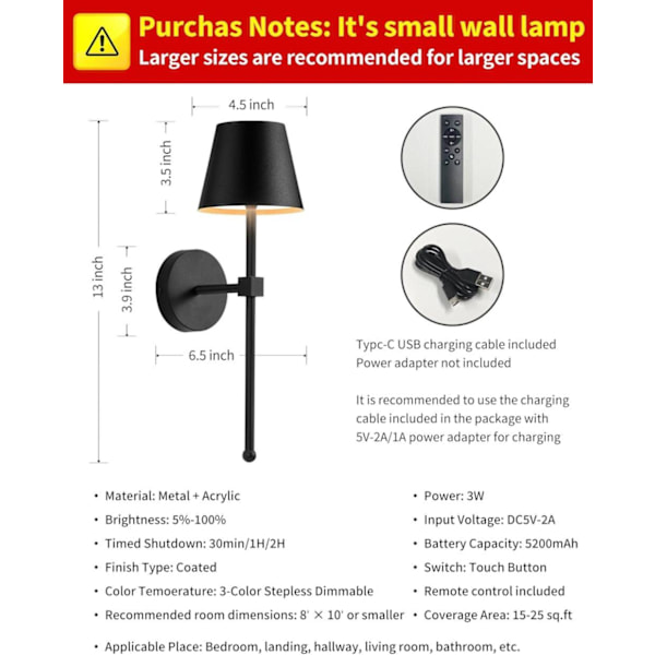 Wireless Wall Sconces 2-Pack, LED Lamps with Rechargeable Battery, Stepless Dimmer with Remote Control Black