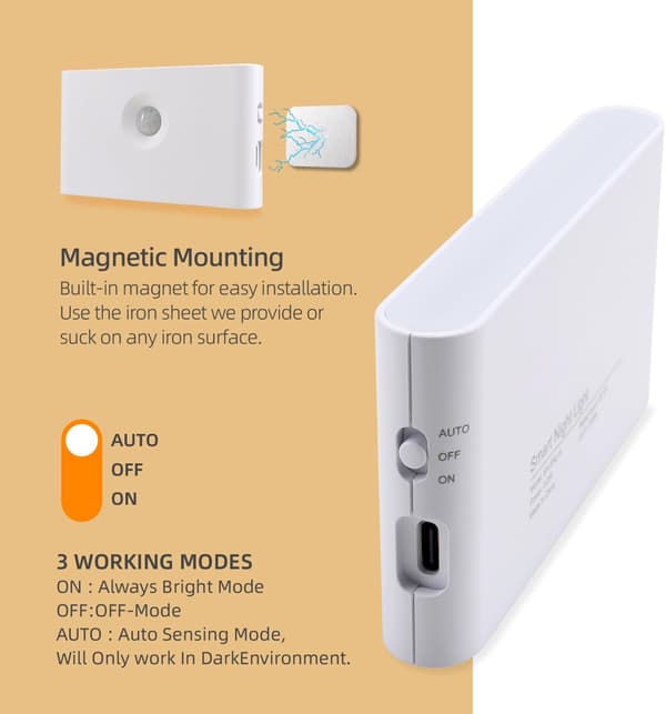 Night Light with Motion Sensor, Rechargeable LED Night Light for Kids, Battery Operated Stair Lighting 3 Modes, Wardrobe Light 3000K (2-pack)