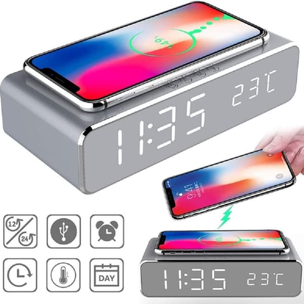 Youlala 2-i-1 LED-vekkerklokke med Qi-lader og termometer for iPhone XS Max,