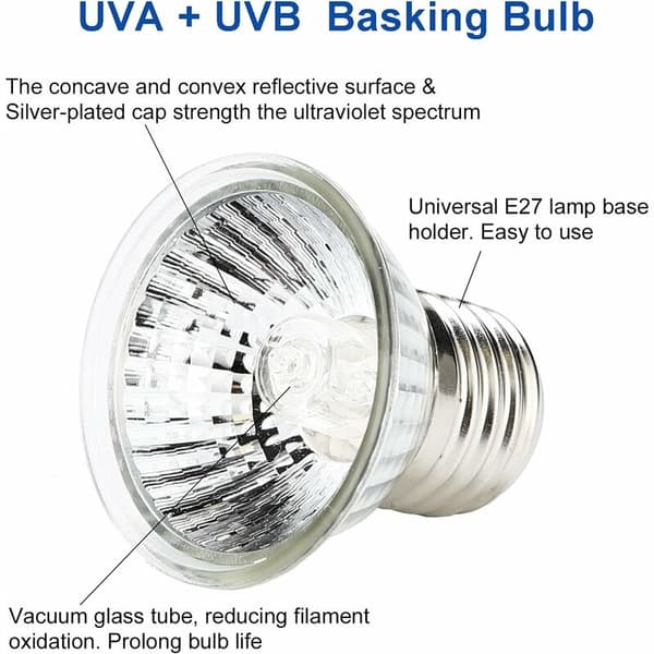 Varme og lys for reptil- og amfibiebur, 2 x 25W/ 50W/E27 UVA UVB-lamper.