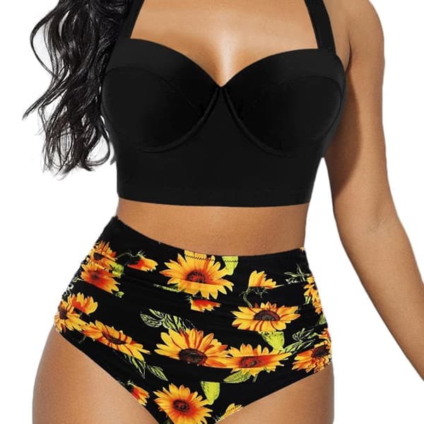 2 st Baddräkt Högmidjade Baddräkter Blomstertryck Halter Bandage Bikini Set