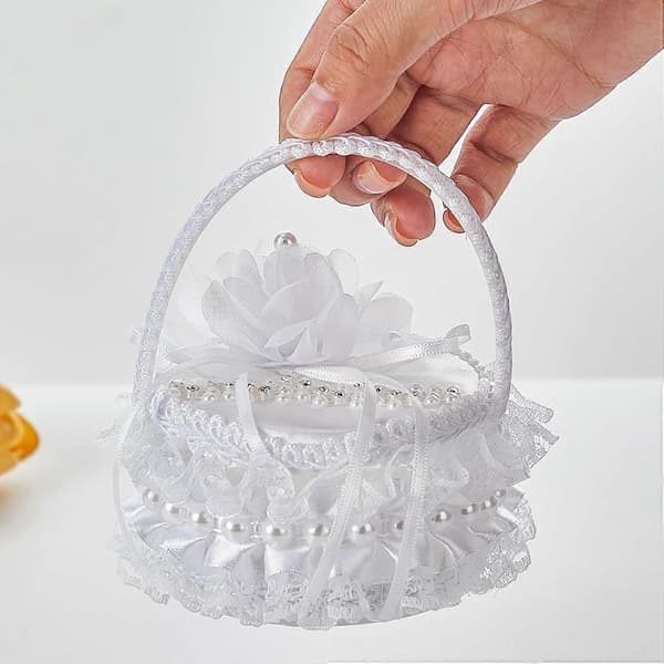 2 Pieces Lace Ring Pillows, Wedding Lace Rose Ceremony Ring Holder with Handle