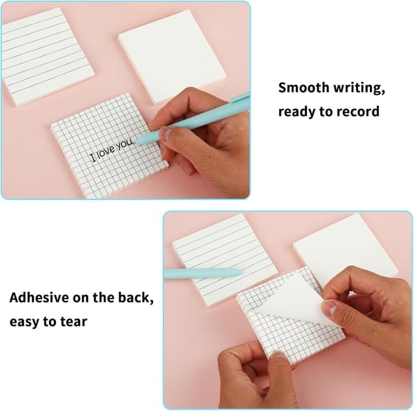 3-pack Post-it lappar 7,6 x 7,6 cm Estetiska Rutnät Söta Neutrala Post-it lappar Linjerade Memoblock, 80 Ark/Block, vit