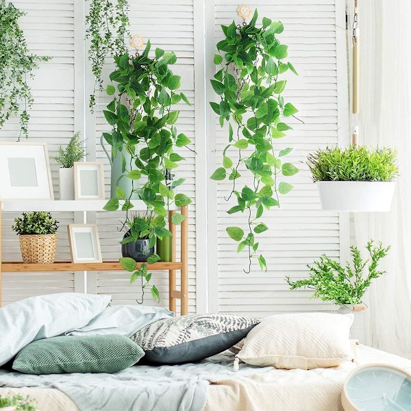 2-pack Artificial Hanging Plants with Baskets, Artificial Green Leaves I