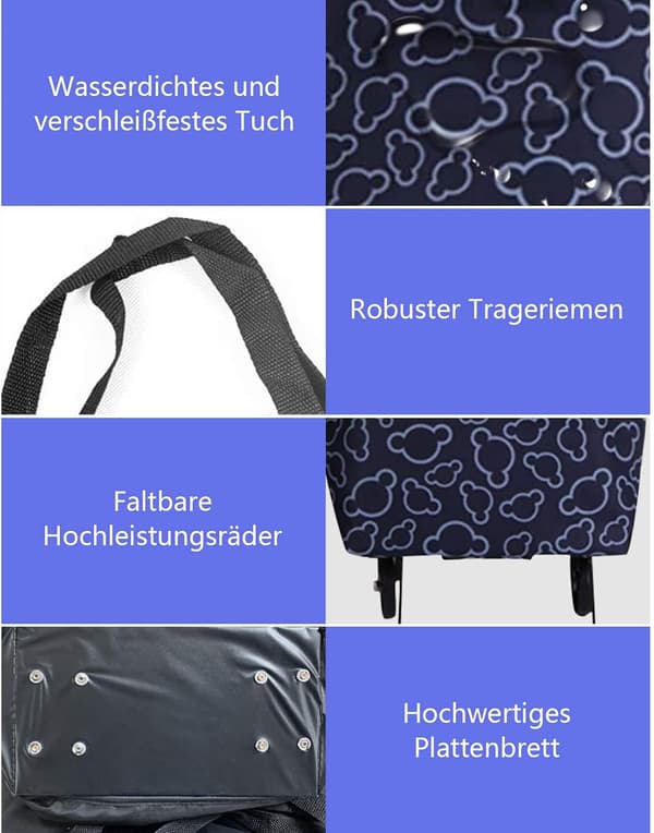 Foldbar Handlebag med Hjul, Vikbar Kvinnelig Gjenbrukbar Multifunksjonell Handlepose Reiseveske Stor Kapasitet