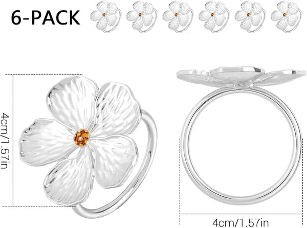 Sæt med 6 servietringe, bordservietholdere i metal, blomsterformet