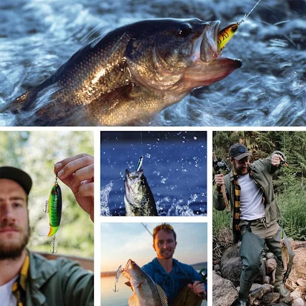 6 stk. overflatefiskesluksett Whopper Plopper abboragn med roterende hale