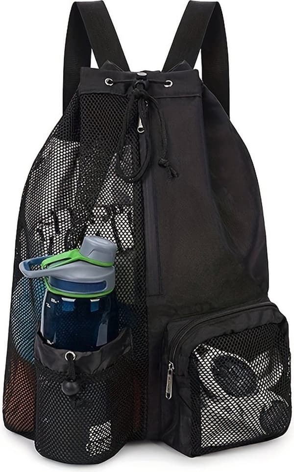 Mesh Drawstring Backpack with Wet Compartment, Large Capacity for Swimming, Surfing, Travel, Gym, Black