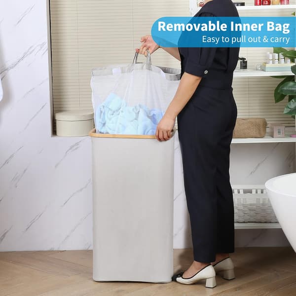 110 liter Laundry Hamper with Mesh Pocket and Lid (Beige), Bamboo Handles, XXL Foldable Laundry Basket