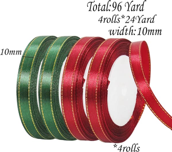 4 rullar vinrött, mörkgrönt band 10 mm för julklappar W