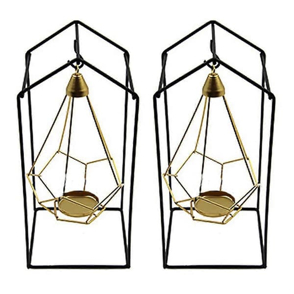 Iron Hanging Candlestick, Hanging Geometric Candlestick with Black Iron Stand, Luxury Romantic Candlestick Decor C