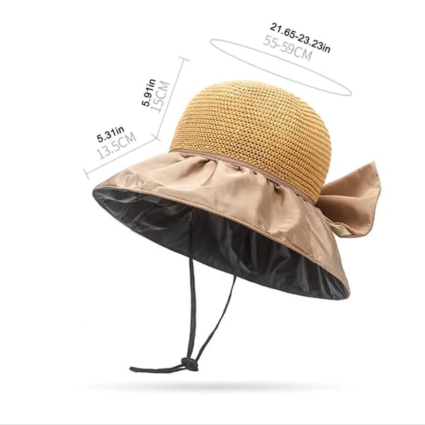 Beige Hollow Straw Hat, Foldable Sun Hat with Wide Brim and Bow