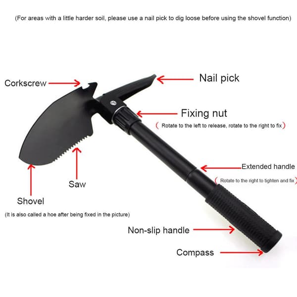 Utendørs sammenleggbar spade Multifunksjonell karbonstål camping spade Sammenleggbar spade Camping med oppbevaringspose Barnespad for overlevelsesaktiviteter