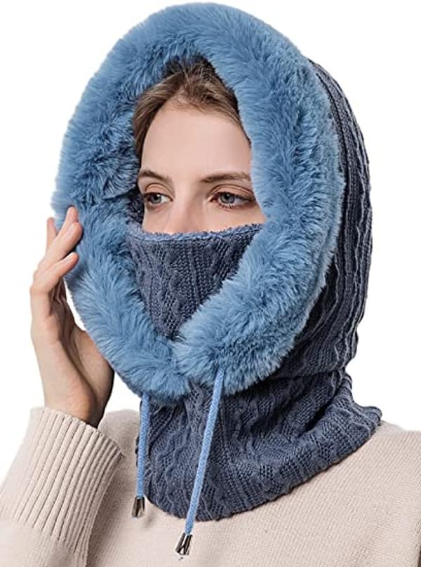 Women's Solid Color Slouchy Fleece Beanie Scarf Mask Drawstring Warm Hood Winter Balaclava Pullover Knitted Hat