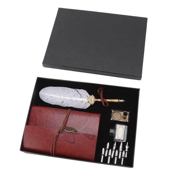 Quill Pen Notebook Set Classic Loose Leaf Paper Quill Pen Notebook Gift with 8 Replaceable Nibs for Elders Teachers White Dots