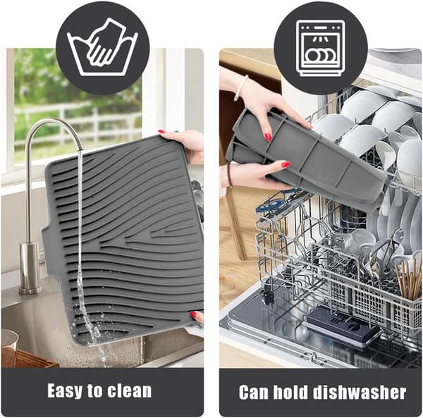 Drainage Mat - 40x33 cm Silicone Drying Mat, Non-Slip, Foldable, Heat Resistant - Kitchen Bar Mat - Grey