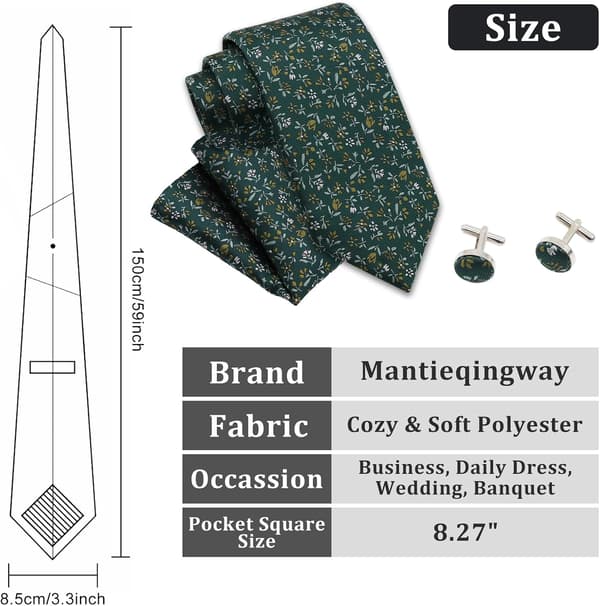 Blomstrede slips til mænd lommetørklæde manchetknapper sæt, brudgommens slips polyester slips bryllup uformel gallafest mørkegrøn - Dark Green