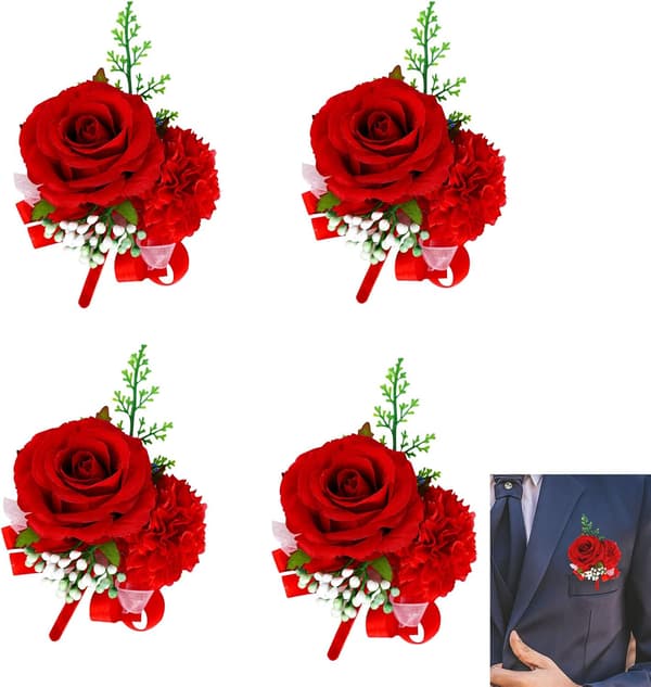 4 stk. roser brudgom blomst boutonnieres til bryllup, gallafest, kostumedekoration