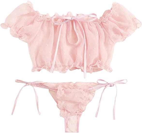 Dame selvbundet plissert jacquard mesh undertøysett sexy BH og truser