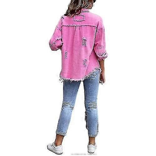 Oversized Jeansjacka för Dam, Sliten och Trasig Rosa S Pink S