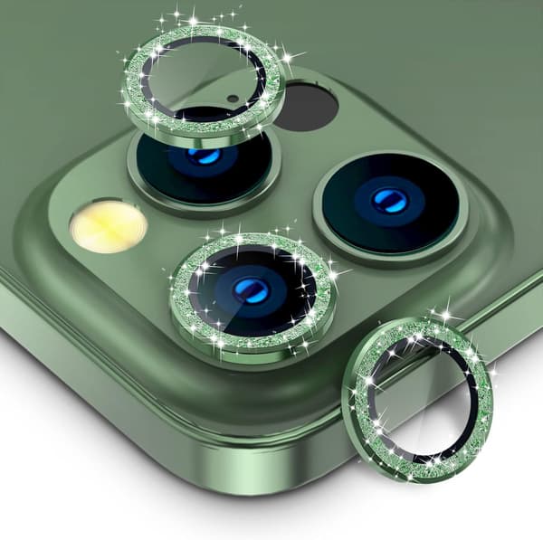 Green Glitter Rear Camera Protector Compatible with iPhone 13 Pro and iPhone 13 Pro Max, [Aluminum Alloy], Full Coverage 9H Hardness Camera Protector