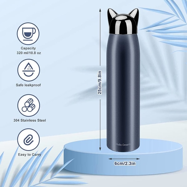 Sød kat vandflaske, rustfrit stål isolerede vandflasker termokande vakuum rejsekaffekrus, 320 ml/10,8 oz (blå) Blue