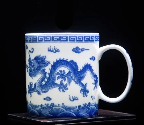 Kaffekrus Keramisk Tekopp Blå og Hvit Drage Tekopp med Lokk -