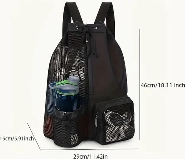 Mesh Drawstring Backpack with Wet Compartment, Large Capacity for Swimming, Surfing, Travel, Gym, Black