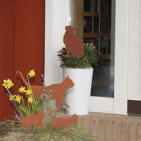 Sæt med 4 Havepynt Kat - Rustlook - Lavet af Rustfrit Stål - til Have, Terrasse, Altan eller Blomsterkrukke